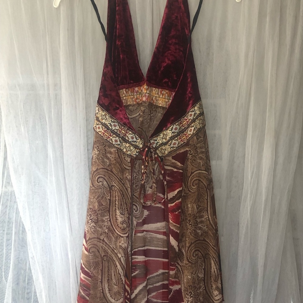 🌞 Miss Me Vintage velvet maroon halter sheer tunic open/lace-up back women S - Picture 5 of 16